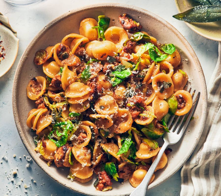 Spicy Sausage & Brussels Sprout Pasta Salad